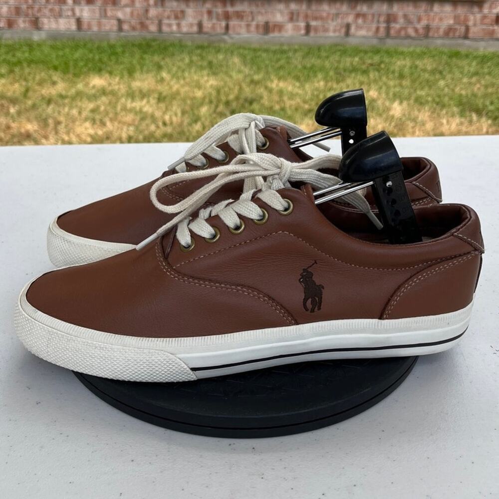 Men Polo Ralph Lauren Vaughn Leather Sports Walking Athletic Sneaker SZ 9D Brown